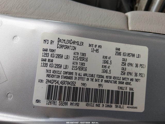 Продажа на аукционе авто 2006 Chrysler Town & Country Touring, vin: 2A4GP54L46R704352, номер лота: 44474167