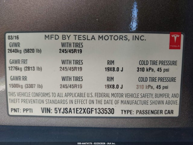 2016 Tesla Model S 60d/70d/75d/85d/90d მანქანა იყიდება აუქციონზე, vin: 5YJSA1E2XGF133530, აუქციონის ნომერი: 44474178