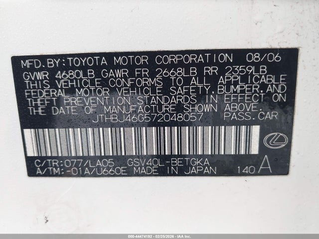 Продажа на аукционе авто 2007 Lexus Es 350, vin: JTHBJ46G572048057, номер лота: 44474192