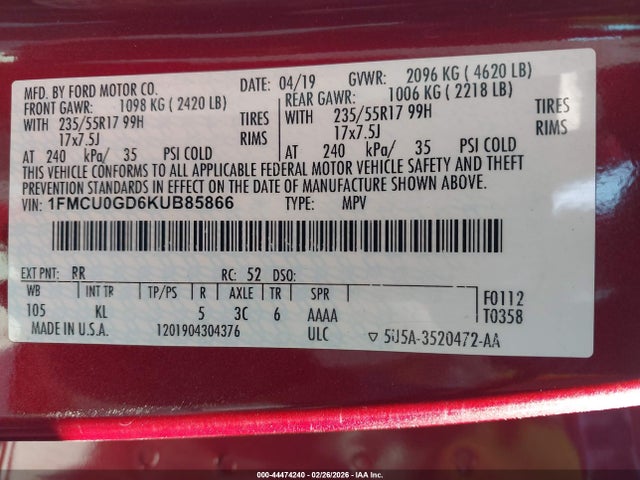 2019 Ford Escape Se მანქანა იყიდება აუქციონზე, vin: 1FMCU0GD6KUB85866, აუქციონის ნომერი: 44474240