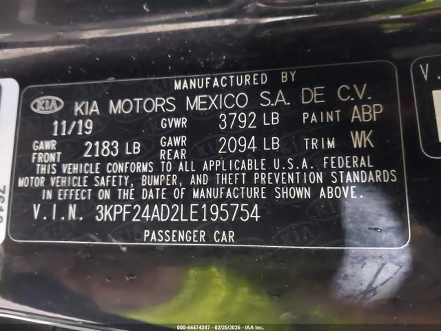 2020 Kia Forte Lxs მანქანა იყიდება აუქციონზე, vin: 3KPF24AD2LE195754, აუქციონის ნომერი: 44474247