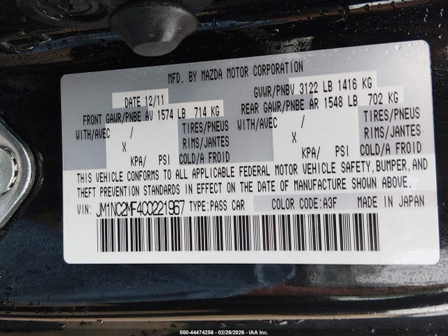 2012 Mazda Mx-5 Miata Touring მანქანა იყიდება აუქციონზე, vin: JM1NC2MF4C0221967, აუქციონის ნომერი: 44474256