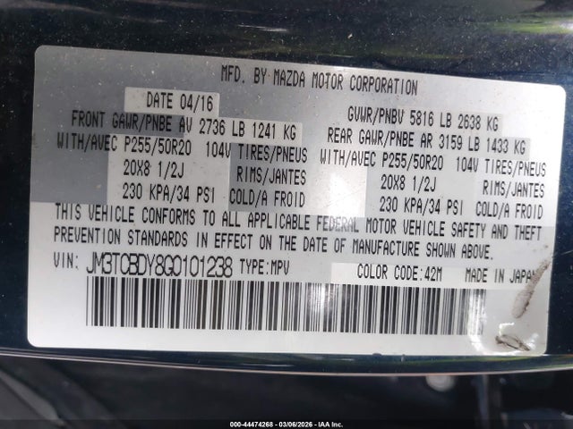 Продаж на аукціоні авто 2016 Mazda Cx-9 Grand Touring, vin: JM3TCBDY8G0101238, номер лоту: 44474268