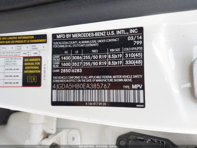 Auction sale of the 2014 Mercedes-benz Ml 350 4matic, vin: 4JGDA5HB0EA385767, lot number: 44474330