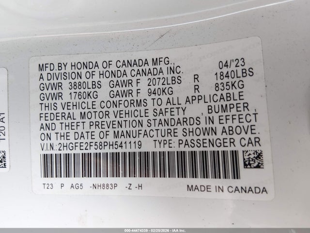 Aukcja sprzedaży 2023 Honda Civic Sport, vin: 2HGFE2F58PH541119, numer aukcji: 44474339