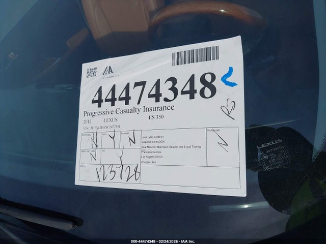 2012 Lexus Es 350 მანქანა იყიდება აუქციონზე, vin: JTHBK1EGXC2477394, აუქციონის ნომერი: 44474348