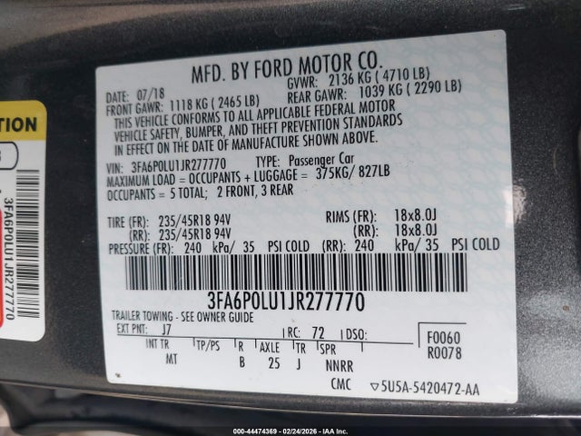 3FA6P0LU1JR277770 Ford Fusion Hybrid Se