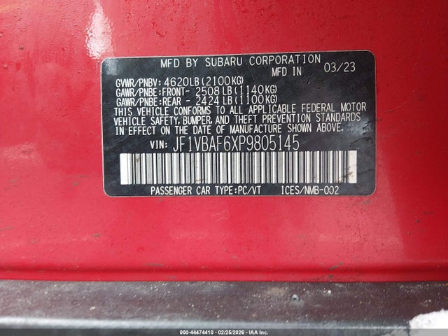 Продаж на аукціоні авто 2023 Subaru Wrx Premium, vin: JF1VBAF6XP9805145, номер лоту: 44474410
