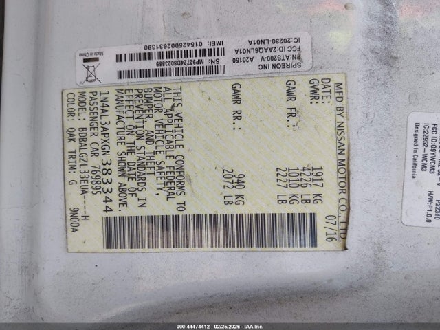 Продаж на аукціоні авто 2016 Nissan Altima 2.5 S, vin: 1N4AL3APXGN383344, номер лоту: 44474412