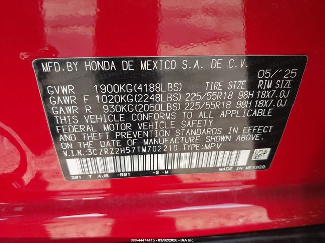 Продажа на аукционе авто 2026 Honda Hr-v Awd Sport, vin: 3CZRZ2H57TM702210, номер лота: 44474415