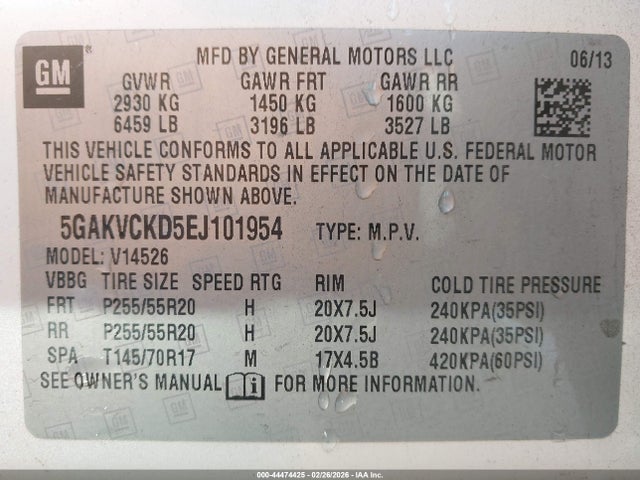 44474425 :رقم المزاد ، 5GAKVCKD5EJ101954 vin ، 2014 Buick Enclave Premium مزاد بيع