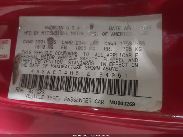 2001 MITSUBISHI ECLIPSE 4A3AC54H51E194051 Photo 8
