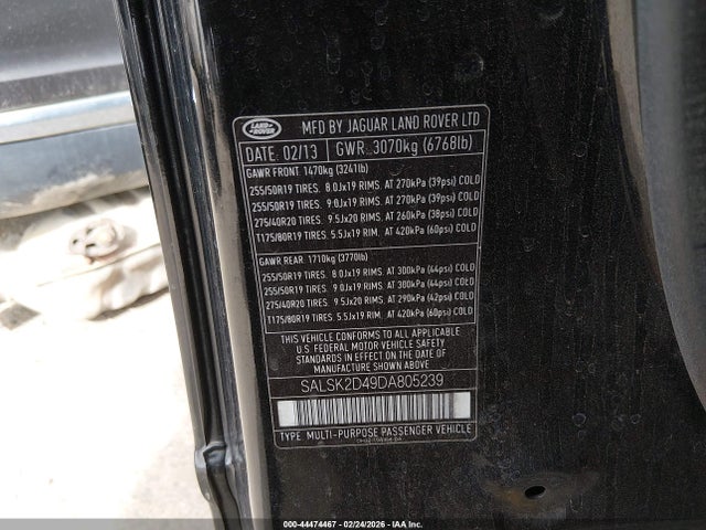 Aukcja sprzedaży 2013 Land Rover Range Rover Sport Hse, vin: SALSK2D49DA805239, numer aukcji: 44474467