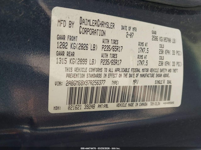 Продаж на аукціоні авто 2007 Chrysler Pacifica Touring, vin: 2A8GM68X97R256377, номер лоту: 44474476