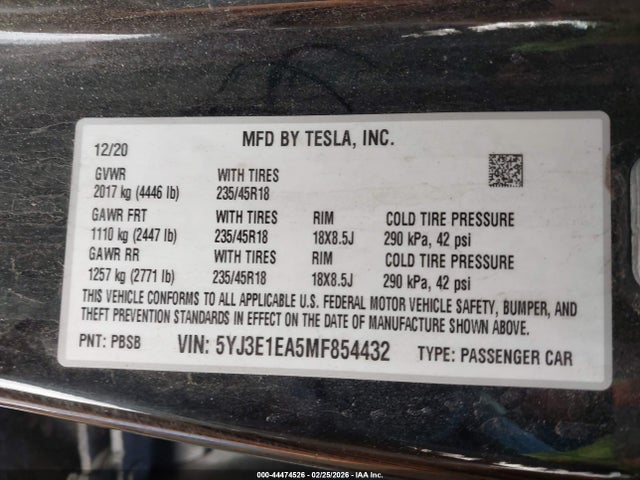 Aukcja sprzedaży 2021 Tesla Model 3 Standard Range Plus Rear-wheel Drive, vin: 5YJ3E1EA5MF854432, numer aukcji: 44474526