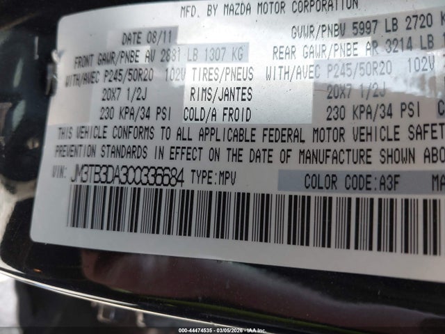 Продаж на аукціоні авто 2012 Mazda Cx-9 Grand Touring, vin: JM3TB3DA3C0336684, номер лоту: 44474535