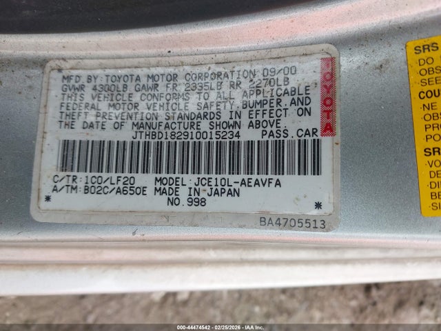 Aukcja sprzedaży 2001 Lexus Is 300, vin: JTHBD182910015234, numer aukcji: 44474542