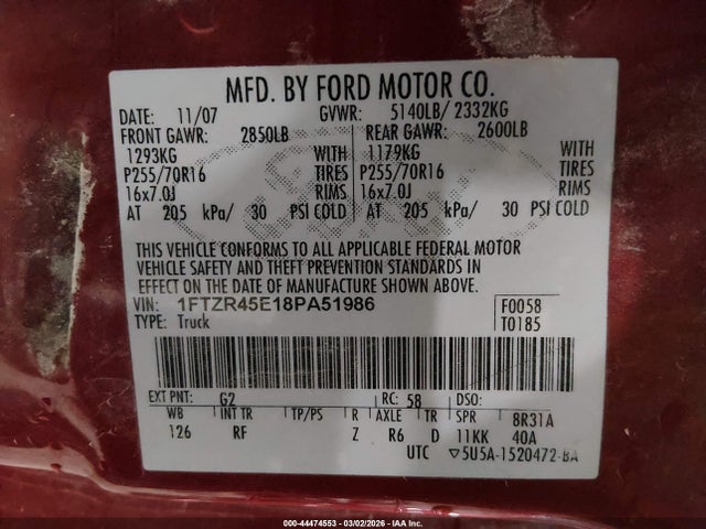 44474553 :رقم المزاد ، 1FTZR45E18PA51986 vin ، 2008 Ford Ranger Fx4 Off-road/sport/xlt مزاد بيع