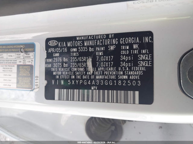Aukcja sprzedaży 2016 Kia Sorento 2.4l Lx, vin: 5XYPG4A33GG182503, numer aukcji: 44474563