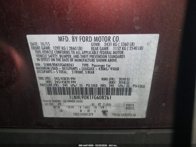 Lincoln MKS 2015 1LNHL9DK1FG608261 Image 9