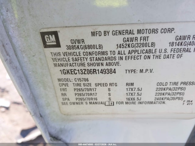 44474588 :رقم المزاد ، 1GKEC13Z06R149384 vin ، 2006 Gmc Yukon Slt مزاد بيع