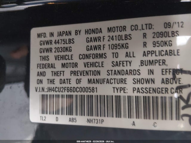 2013 Acura Tsx 2.4 მანქანა იყიდება აუქციონზე, vin: JH4CU2F66DC000581, აუქციონის ნომერი: 44474629