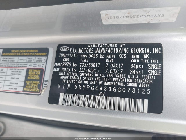 Продаж на аукціоні авто 2016 Kia Sorento 2.4l Lx, vin: 5XYPG4A33GG078125, номер лоту: 44474635