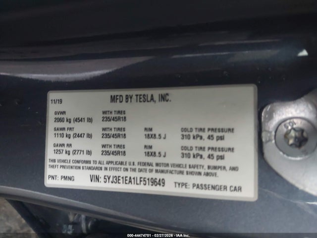 Продаж на аукціоні авто 2020 Tesla Model 3 Standard Range Plus Rear-wheel Drive/standard Range Rear-wheel Drive, vin: 5YJ3E1EA1LF519649, номер лоту: 44474701