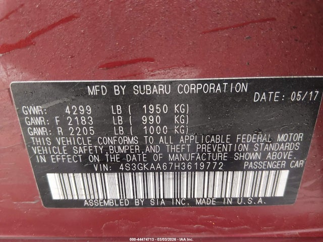 Aukcja sprzedaży 2017 Subaru Impreza 2.0i, vin: 4S3GKAA67H3619772, numer aukcji: 44474713