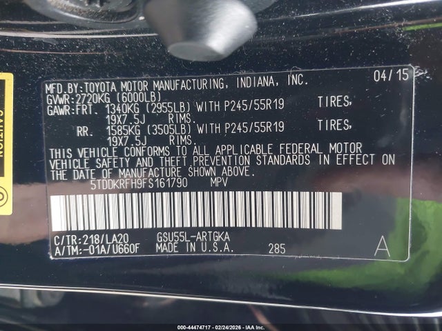 Toyota Highlander Limited V6 2015 5TDDKRFH9FS161790 Image 9