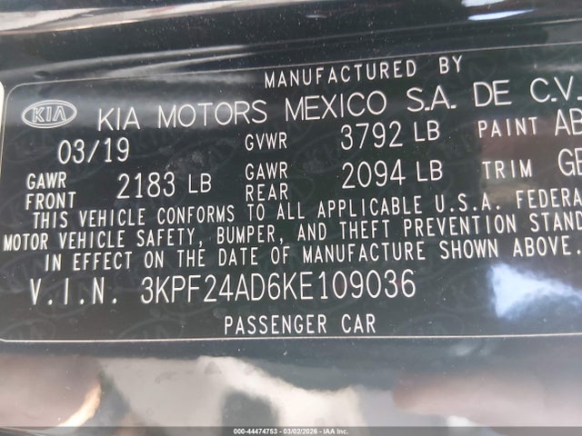 3KPF24AD6KE109036 KIA Forte Lxs