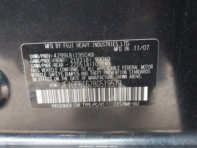 44474757 :رقم المزاد ، JF1GE61628G519579 vin ، 2008 Subaru Impreza 2.5i مزاد بيع