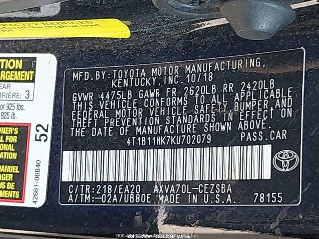 4T1B11HK7KU702079 Toyota CAMRY SE