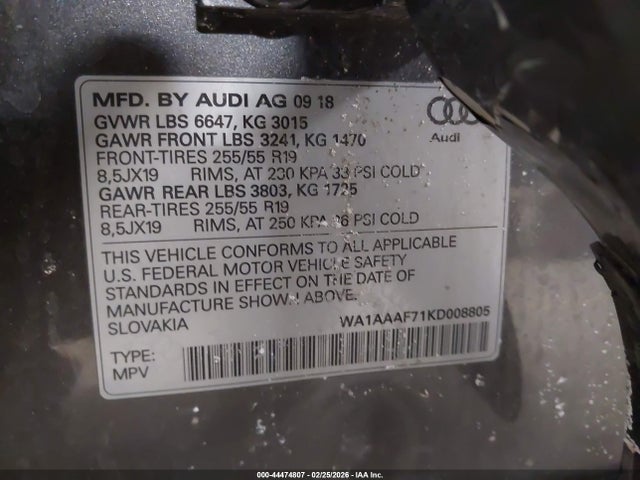 44474807 :رقم المزاد ، WA1AAAF71KD008805 vin ، 2019 Audi Q7 55 Premium/55 Se Premium مزاد بيع
