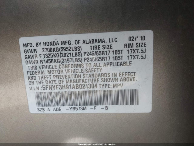 2010 HONDA PILOT 5FNYF3H91AB021304 Photo 8