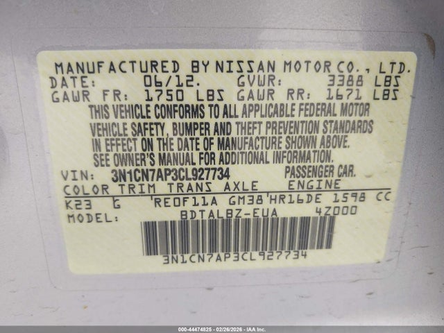 Продажа на аукционе авто 2012 Nissan Versa 1.6 Sv, vin: 3N1CN7AP3CL927734, номер лота: 44474825