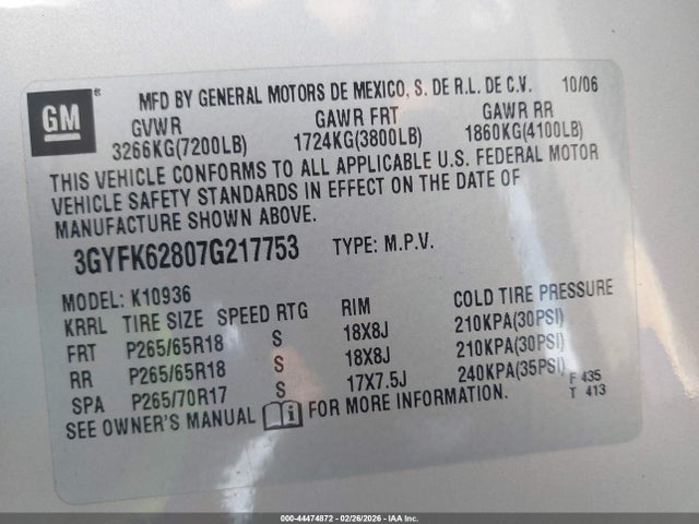 Aukcja sprzedaży 2007 Cadillac Escalade Ext Standard, vin: 3GYFK62807G217753, numer aukcji: 44474872