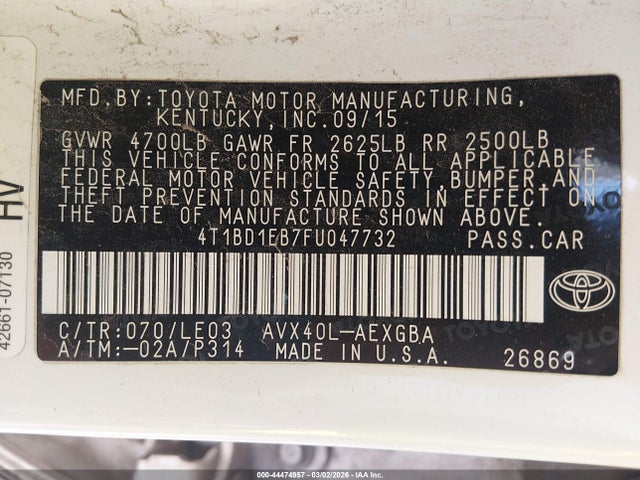 4T1BD1EB7FU047732 Toyota Avalon Hybrid Xle Touring