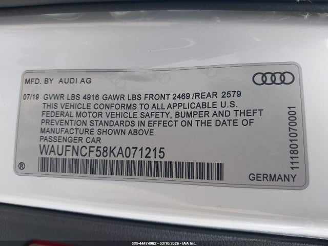 2019 Audi A5 45 Premium მანქანა იყიდება აუქციონზე, vin: WAUFNCF58KA071215, აუქციონის ნომერი: 44474962