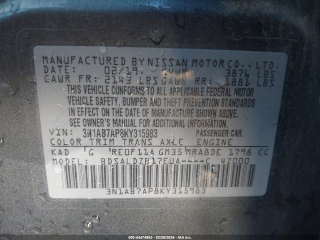 Продаж на аукціоні авто 2019 Nissan Sentra Sv, vin: 3N1AB7AP8KY315983, номер лоту: 44474963