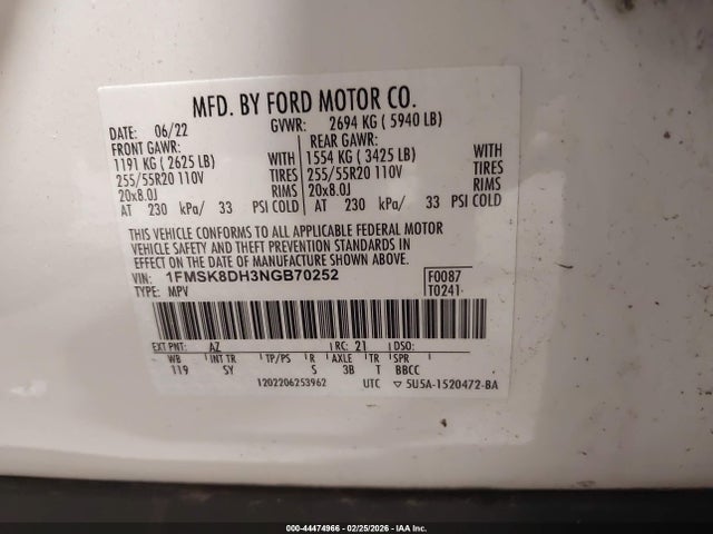 2022 Ford Explorer Xlt მანქანა იყიდება აუქციონზე, vin: 1FMSK8DH3NGB70252, აუქციონის ნომერი: 44474966