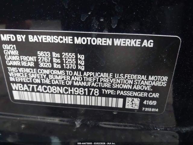 44475000 :رقم المزاد ، WBA7T4C08NCH98178 vin ، 2022 Bmw 740 I Xdrive مزاد بيع
