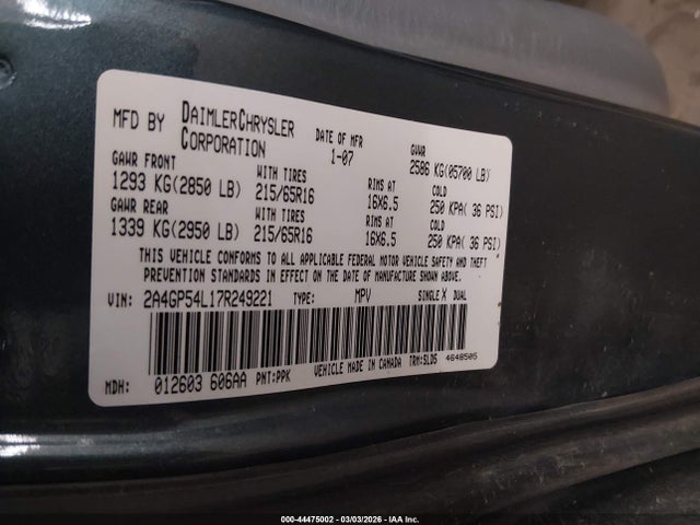 Продаж на аукціоні авто 2007 Chrysler Town & Country Touring, vin: 2A4GP54L17R249221, номер лоту: 44475002