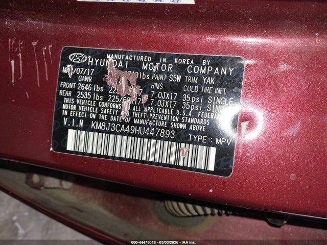 44475016 :رقم المزاد ، KM8J3CA49HU447893 vin ، 2017 Hyundai Tucson Se مزاد بيع