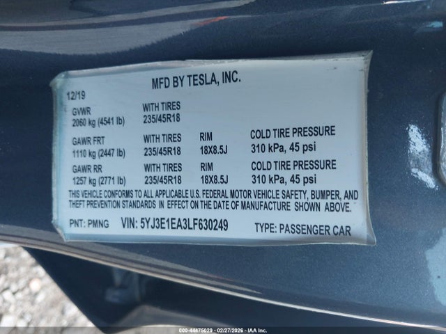 2020 Tesla Model 3 Standard Range Plus Rear-wheel Drive/standard Range Rear-wheel Drive მანქანა იყიდება აუქციონზე, vin: 5YJ3E1EA3LF630249, აუქციონის ნომერი: 44475029