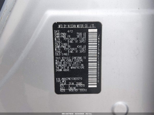 44475030 :رقم المزاد ، JN8AZ2NE1C9020210 vin ، 2012 Infiniti Qx56 مزاد بيع