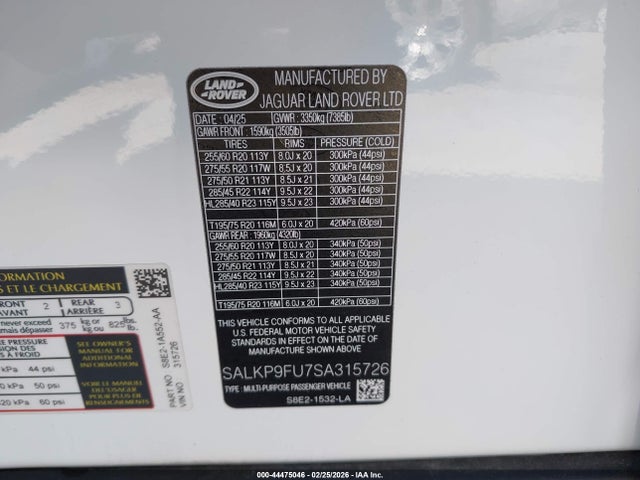 SALKP9FU7SA315726 Land Rover Range Rover P400 Se