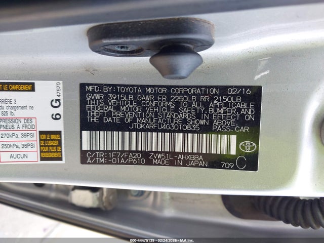 JTDKARFU4G3010835 Toyota Prius Two Eco