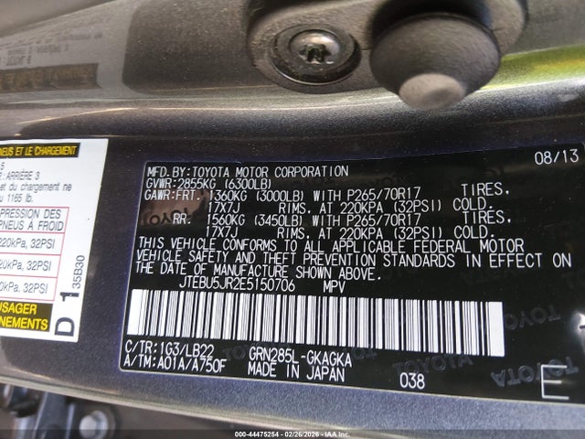 Продажа на аукционе авто 2014 Toyota 4runner Sr5 Premium, vin: JTEBU5JR2E5150706, номер лота: 44475254