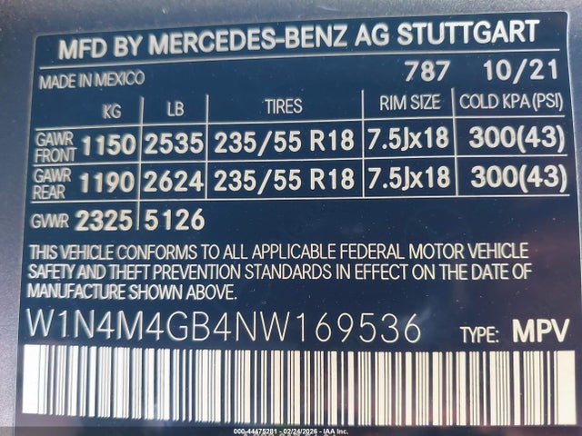 W1N4M4GB4NW169536 Mercedes-Benz GLB 250